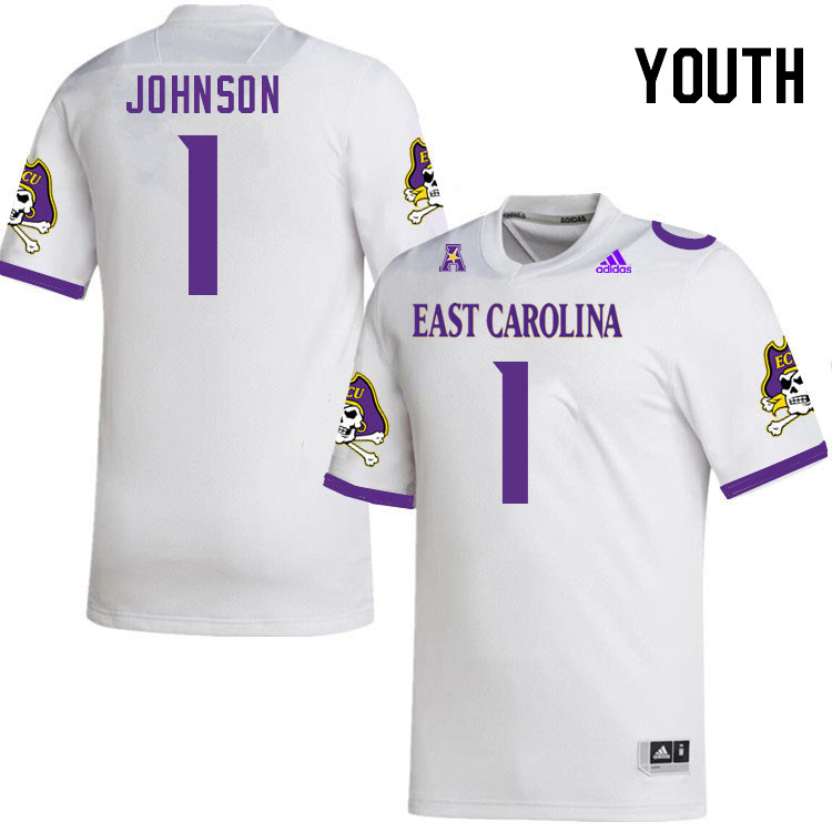 Youth #1 Jaylen Johnson ECU Pirates 2023 College Football Jerseys Stitched-White